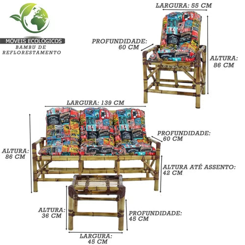 Conjunto Bambu 5 Lugares, 01 Poltrona, 2 Cadeiras + Mesa de Centro com Almofadas  Colorido