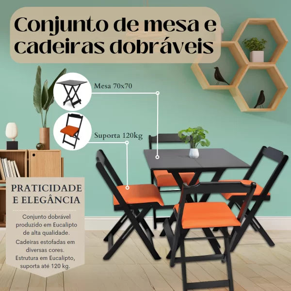 Conjunto Mesa Dobrável 70x70 com 4 Cadeiras Estofadas - Marrom