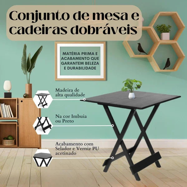 Conjunto Mesa Dobrável 70x70 com 4 Cadeiras Estofadas - Marrom