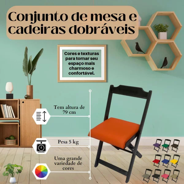 Conjunto Mesa Dobrável 70x70 com 4 Cadeiras Estofadas - Marrom