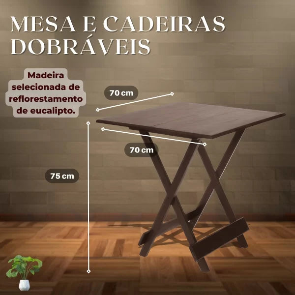 Conjunto Mesa Dobrável 70x70 com 4 Cadeiras - Café