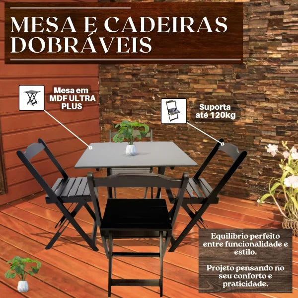 Conjunto Mesa Dobrável 70x70 com 4 Cadeiras - Preta