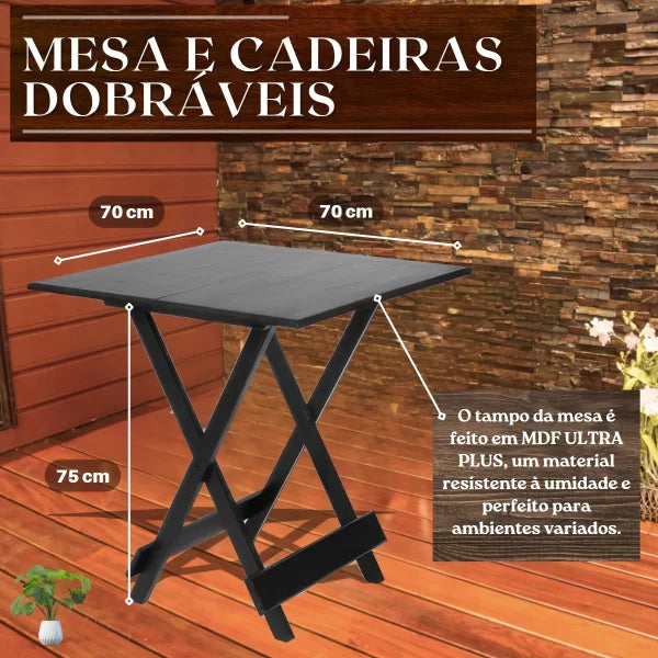 Conjunto Mesa Dobrável 70x70 com 4 Cadeiras - Preta