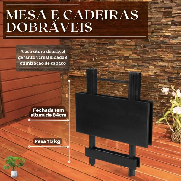 Conjunto Mesa Dobrável 70x70 com 4 Cadeiras - Preta